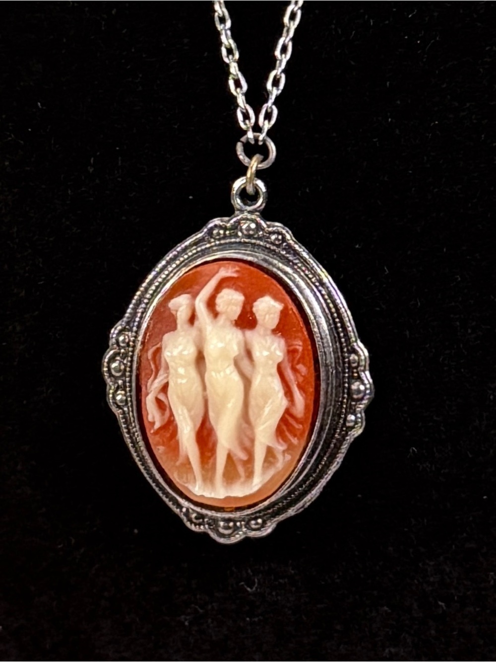 Three Graces Cameo Style Long Pendant Necklace Silver Tone Neoclassical Jewelry
